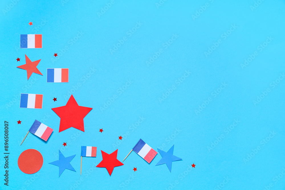 French flags and stars on blue background. Bastille Day celebration French flags and stars on blue background. Bastille Day celebration