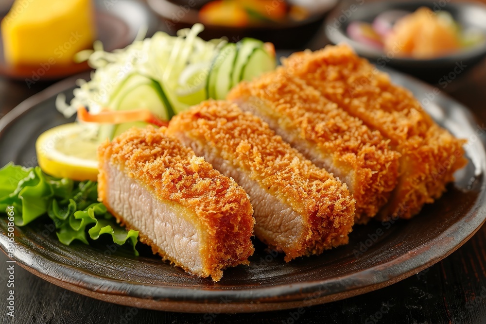 Japanese deep fried pork cutlet served with salad and lemon Japanese deep fried pork cutlet served with salad and lemon