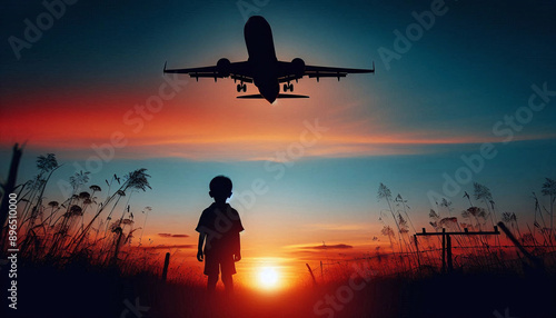 Dreams of Flight: Child and Airplane at Sunset