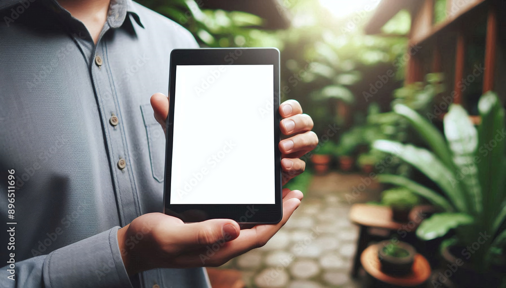 Digital Connection in Nature, holding and looking at a black tablet Digital Connection in Nature, holding and looking at a black tablet