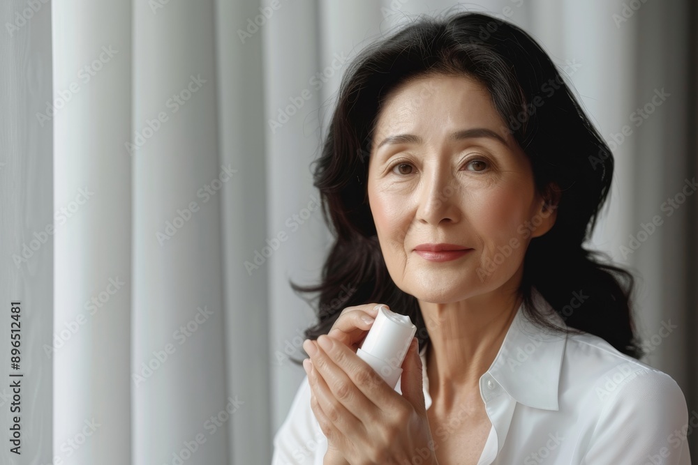 Mid age Asian woman in her 50s applying skin care lotion in her daily routine for antiaging beauty Mid age Asian woman in her 50s applying skin care lotion in her daily routine for antiaging beauty