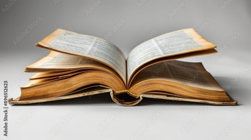 An open book with pages turning, white background, simple and clean. An open book with pages turning, white background, simple and clean.