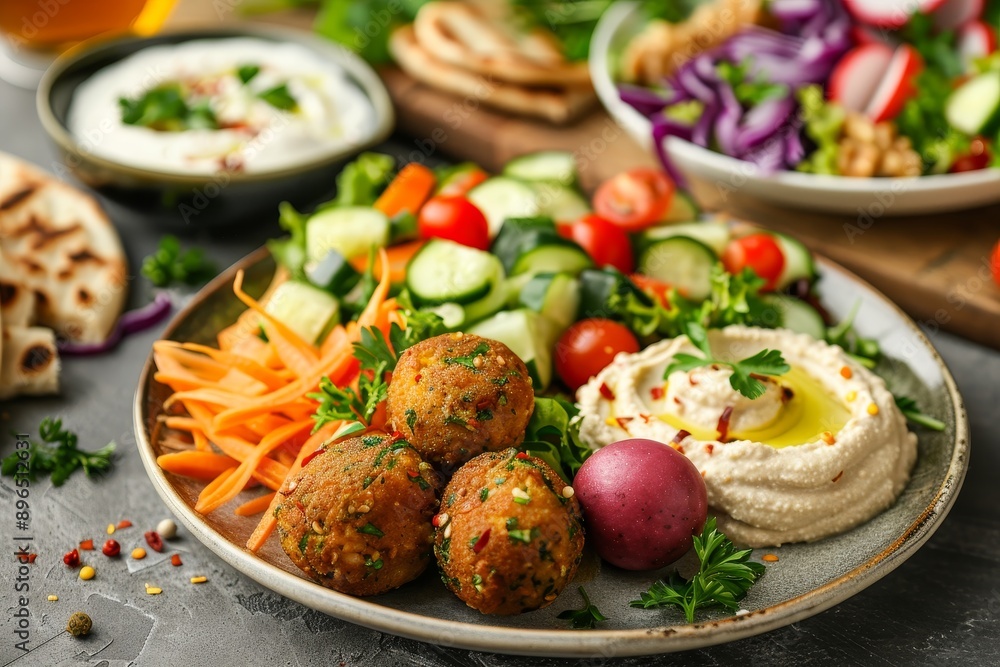 Middle Eastern Arab meal featuring falafel hummus and salad Middle Eastern Arab meal featuring falafel hummus and salad