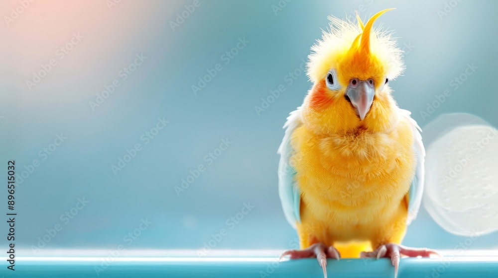 A vibrant yellow bird with a striking crest perched against a soft blue background, radiating charm and warmth. A vibrant yellow bird with a striking crest perched against a soft blue background, radiating charm and warmth.