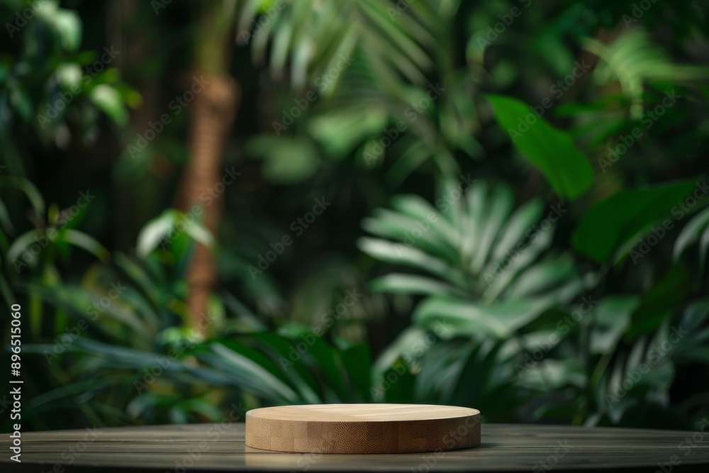 Natural wooden counter displayed on a blurred green background promoting products in spring or summer with minimal advertising Natural wooden counter displayed on a blurred green background promoting products in spring or summer with minimal advertising