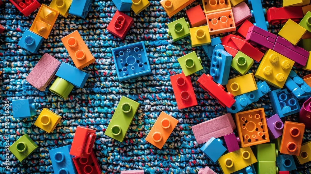 Colorful building blocks scattered on a play mat, perfect for creative play Colorful building blocks scattered on a play mat, perfect for creative play