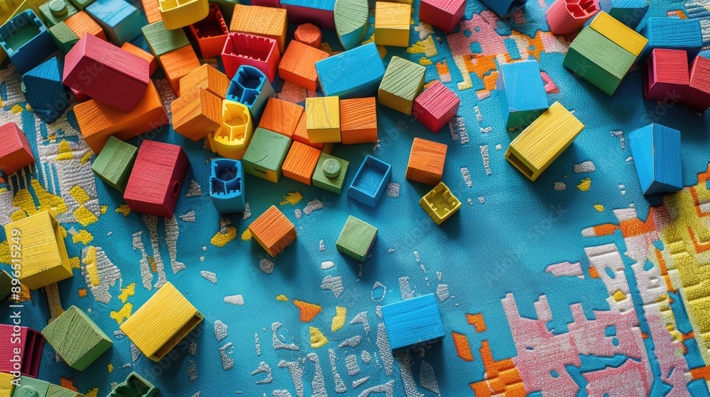 Colorful building blocks scattered on a play mat, perfect for creative play Colorful building blocks scattered on a play mat, perfect for creative play