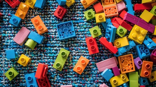 Colorful building blocks scattered on a play mat, perfect for creative play