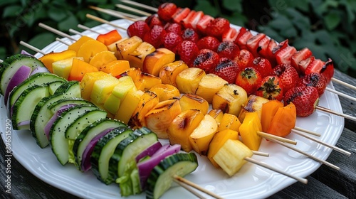 Colorful fruit and vegetable skewers on a white plate, ready for grilling