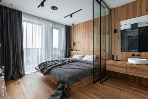 Interior of modern bedroom with wooden walls, wooden floor, comfortable king size bed with gray linen and glass shower.