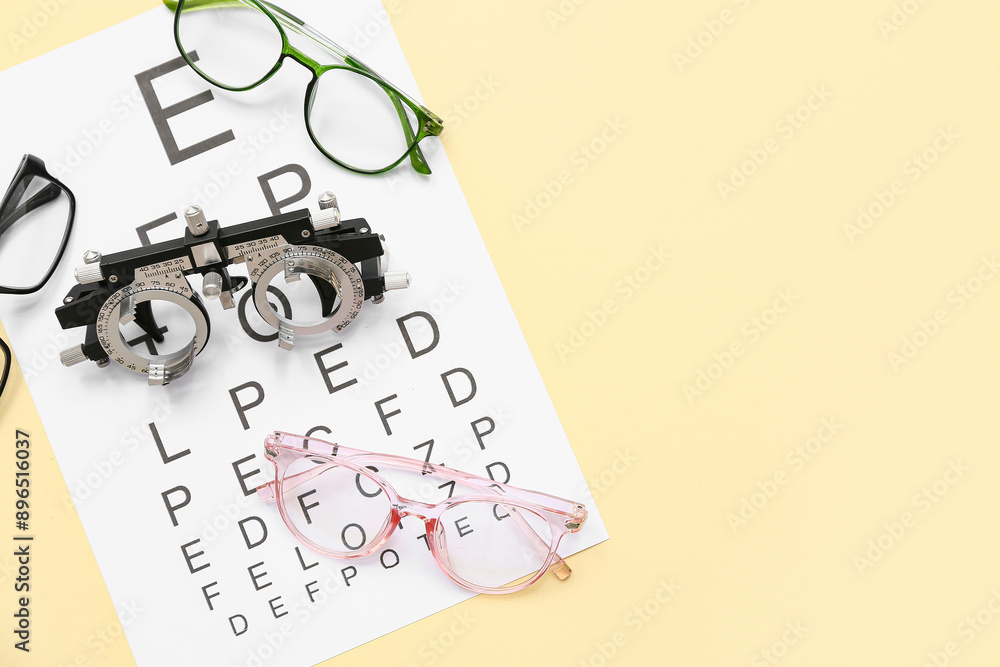 Fototapeta premium Optical trial frame with eye test chart and eyeglasses on pink background