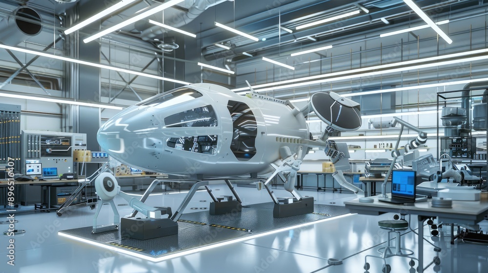 Futuristic space exploration vehicles being designed in a modern lab Futuristic space exploration vehicles being designed in a modern lab