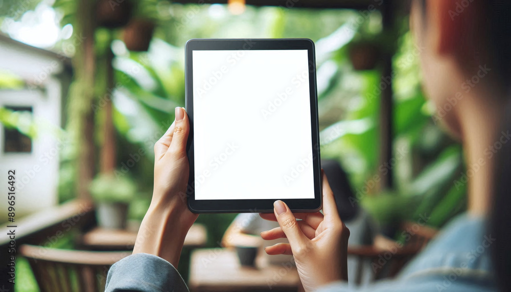 Digital Connection in Nature, holding and looking at a black tablet Digital Connection in Nature, holding and looking at a black tablet