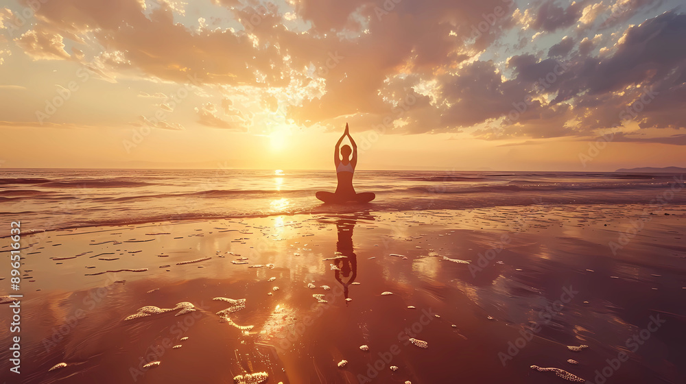 Fototapeta premium A serene beach scene at sunset with a person practicing yoga.