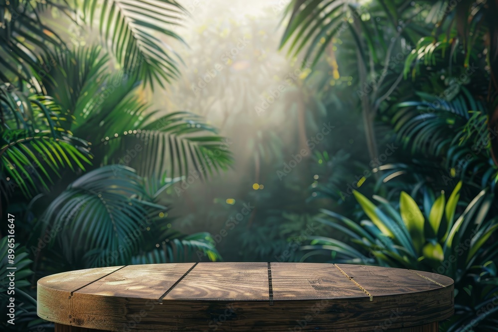 Outdoor tropical garden with blurred green and blue natural background Wooden tabletop in a forest with plants and leaves Displaying natural product Outdoor tropical garden with blurred green and blue natural background Wooden tabletop in a forest with plants and leaves Displaying natural product