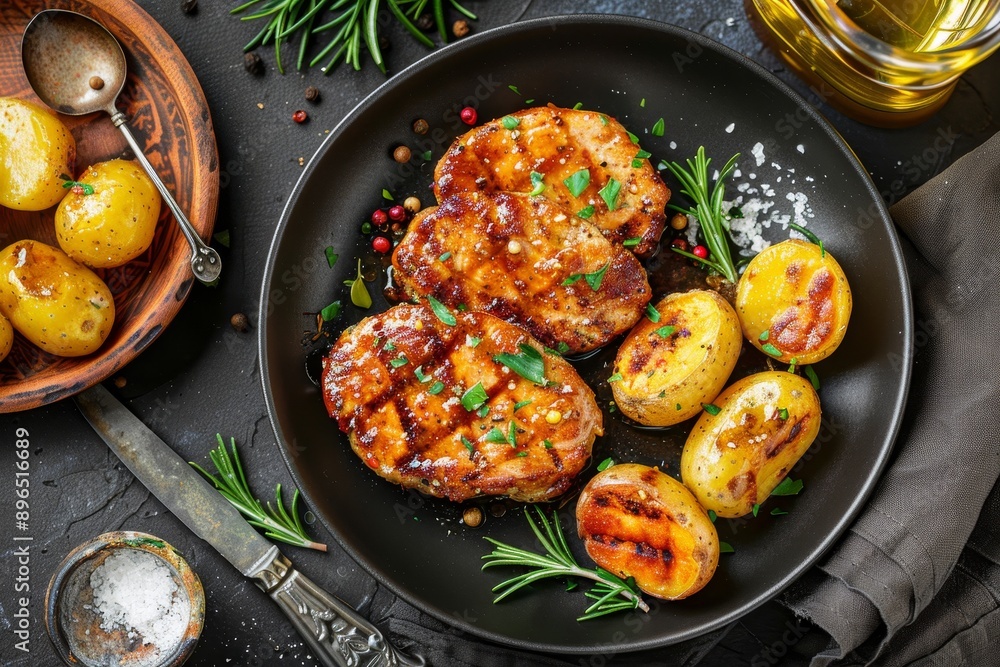 Overhead view of tasty pan fried pork cutlets in a spicy marinade accompanied by boiled baby potatoes and a rosemary garnish Overhead view of tasty pan fried pork cutlets in a spicy marinade accompanied by boiled baby potatoes and a rosemary garnish