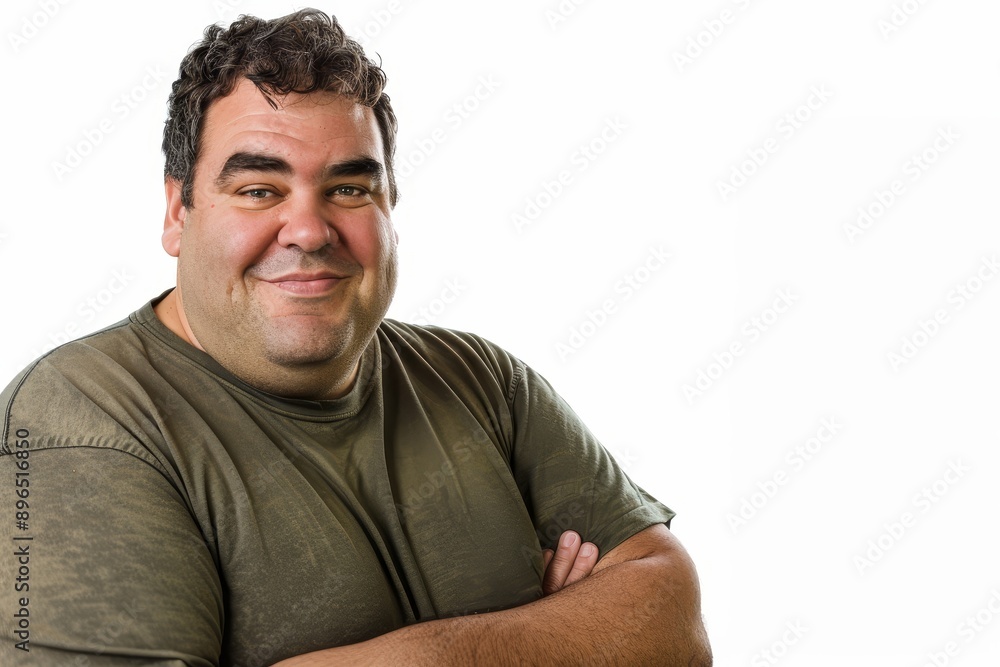 Overweight man smiling on white backdrop Overweight man smiling on white backdrop