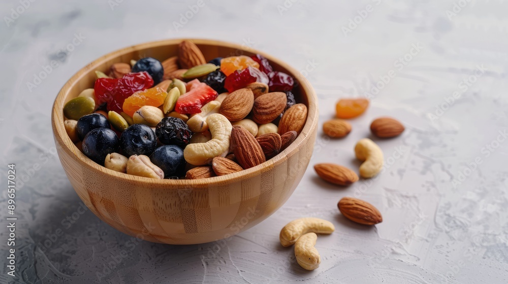 Mixed nuts and dried fruits arranged in a wooden bowl for a healthy snack