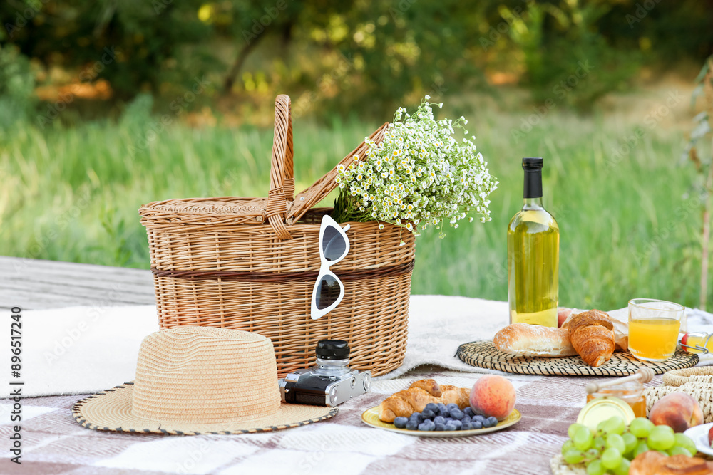 Wicker basket with chamomile flowers, tasty food and drink for romantic picnic in park Wicker basket with chamomile flowers, tasty food and drink for romantic picnic in park