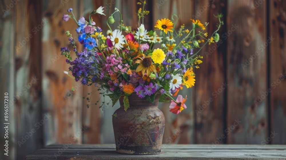 Stunning bouquet of assorted wildflowers in a rustic vase Stunning bouquet of assorted wildflowers in a rustic vase