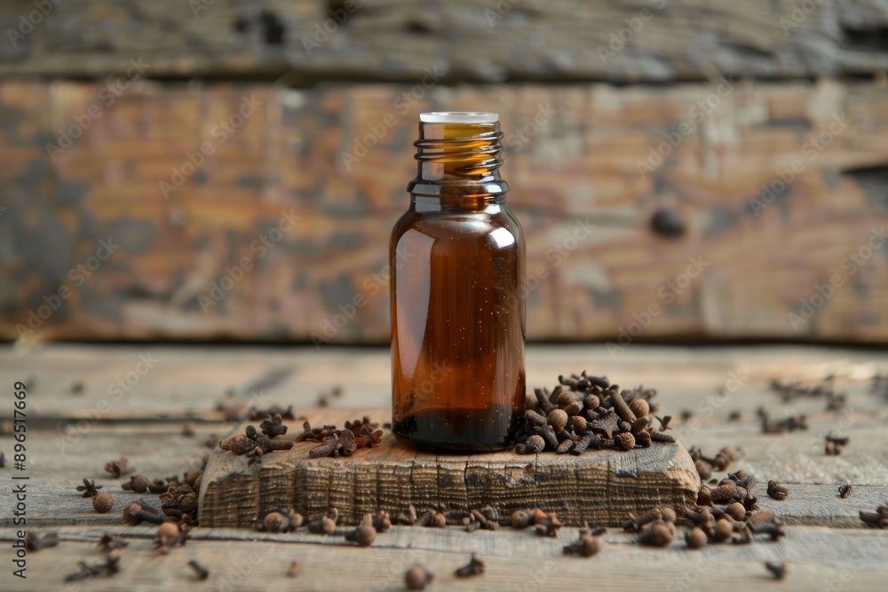 Phytotherapy Dark glass bottle holds clove oil dry spice on old wooden boards Phytotherapy Dark glass bottle holds clove oil dry spice on old wooden boards