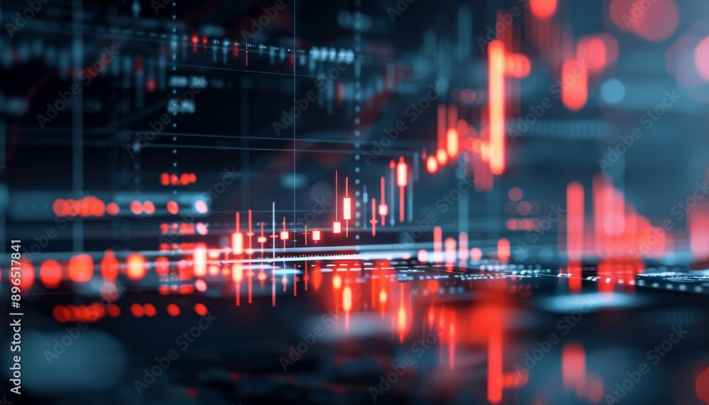 Abstract digital financial chart with glowing lines and dots in red and blue tones representing market trends and data analysis. Abstract digital financial chart with glowing lines and dots in red and blue tones representing market trends and data analysis.