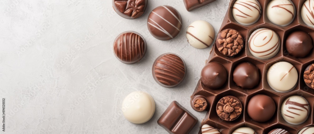 An assortment of luxurious chocolates on a textured background, perfect for dessert, gift, and indulgence themes. An assortment of luxurious chocolates on a textured background, perfect for dessert, gift, and indulgence themes.