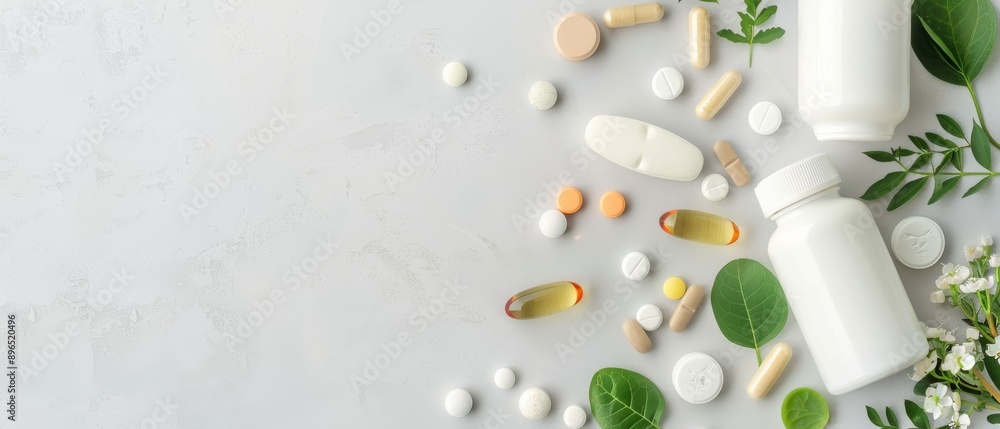 Assorted supplements, vitamins, and herbal remedies on a marble surface with green leaves and flowers for health and wellness themes. Assorted supplements, vitamins, and herbal remedies on a marble surface with green leaves and flowers for health and wellness themes.