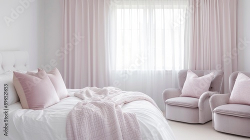 Bright and cozy bedroom featuring soft pink decor, comfortable furniture, and warm natural light for a tranquil atmosphere. © nattapon98