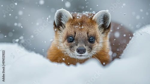 Close-up of a cute kid animal peeking through snow