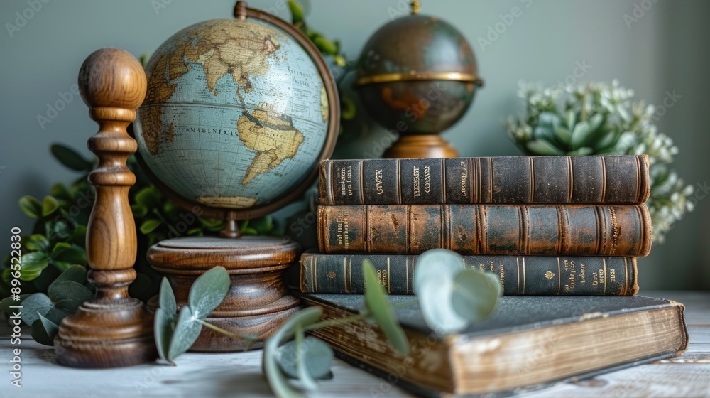 On the white table, there is an open book and several books stacked together. On the white table, there is an open book and several books stacked together.
