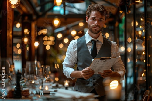 A man in a vest and tie stands in front of a table with a clipboard in his hand