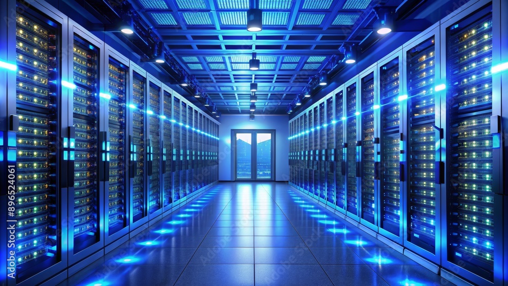 Server Room Corridor - 3D Rendered Image of a Blue Lit Data Center, Server Racks, Technology, Data Storage, Network Server Room Corridor - 3D Rendered Image of a Blue Lit Data Center, Server Racks, Technology, Data Storage, Network