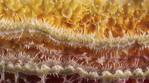 A crosssection of the hair shaft showing the intricate layers of cells that make up the protective outer icle and inner cortex responsible for the color and strength of hair. photo