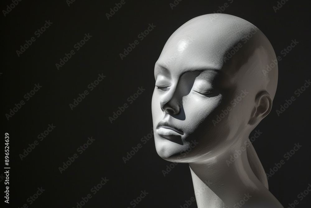 Side lit female mannequin head with white paint on dark background Side lit female mannequin head with white paint on dark background