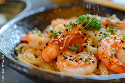 Shrimp tempura served with udon noodles photo