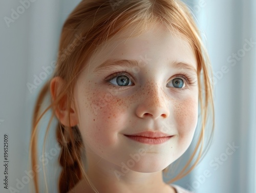 A young girl with distinctive freckles on her face, shot in a close-up view photo