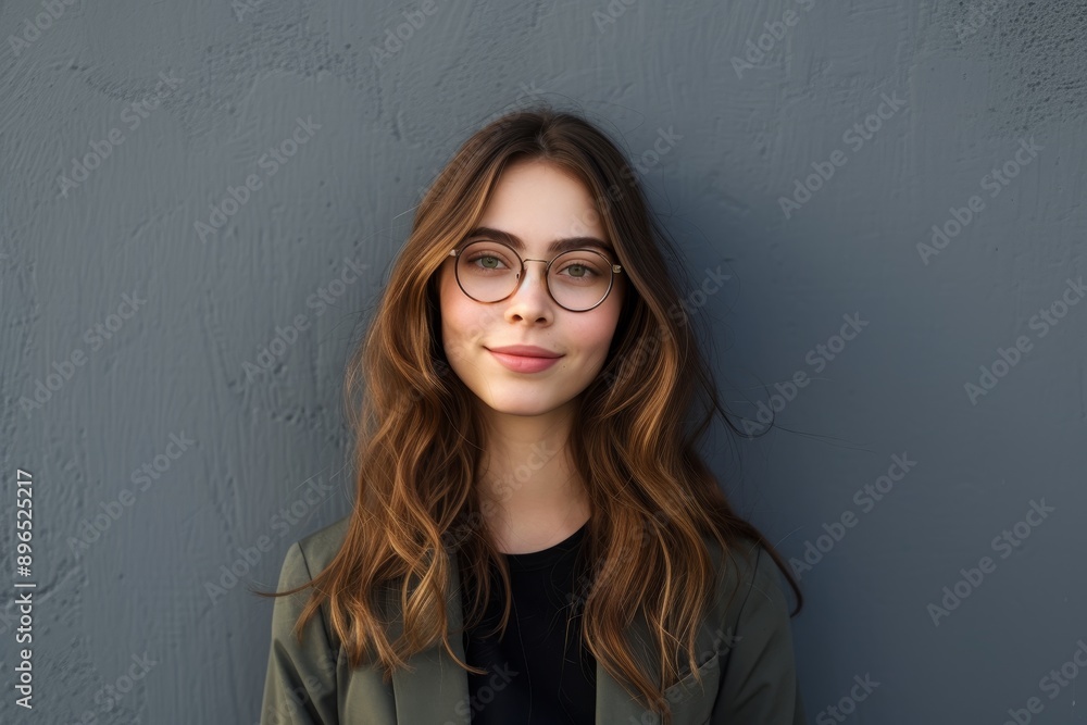 Smiling and proud girl with glasses standing on gray wall isolated against grey background with copy space Smiling and proud girl with glasses standing on gray wall isolated against grey background with copy space