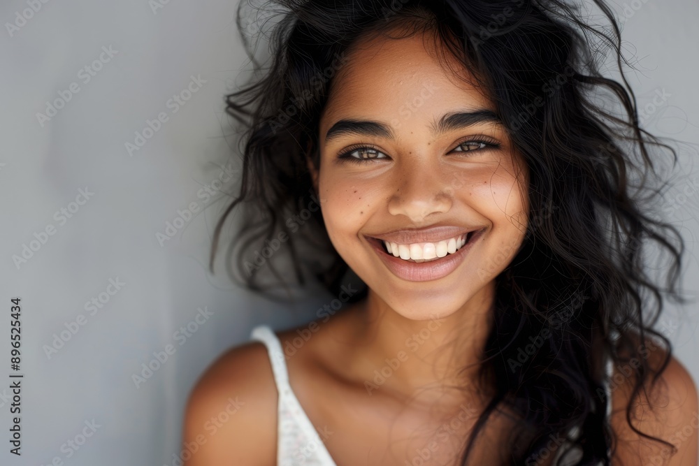 Smiling beautiful multiracial woman with healthy hair and bright smile isolated on grey background looking at camera in head shot portrait Smiling beautiful multiracial woman with healthy hair and bright smile isolated on grey background looking at camera in head shot portrait