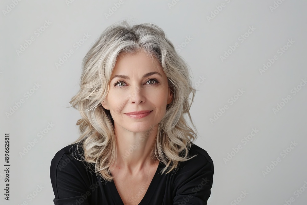 Smiling mature woman happy senior lady with blond and gray hair posing isolated on blank background Smiling mature woman happy senior lady with blond and gray hair posing isolated on blank background
