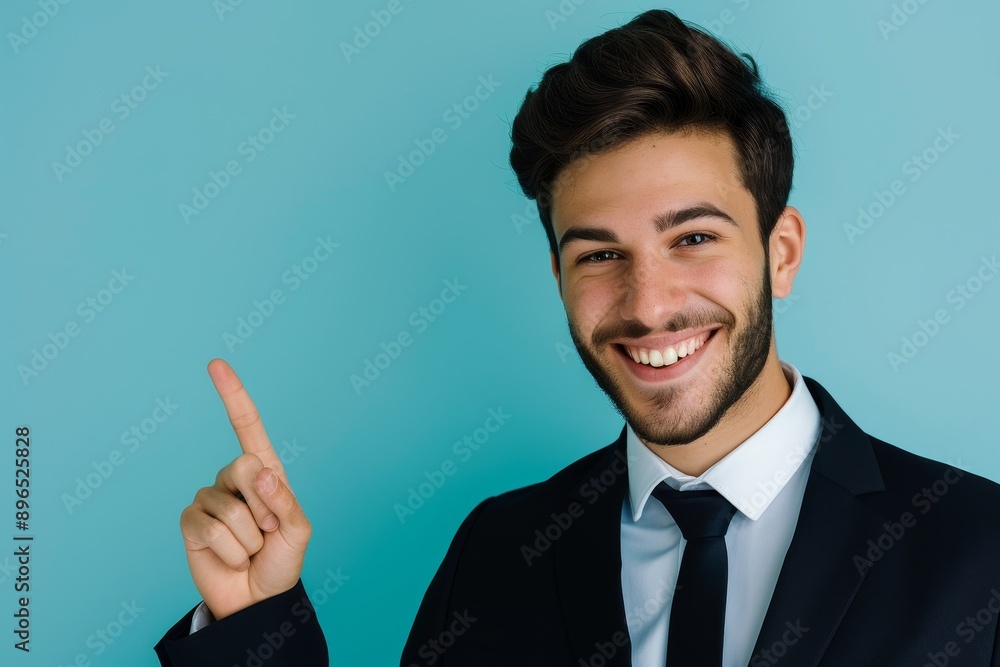 Smiling successful broker points at copyspace in close up portrait on light blue background Smiling successful broker points at copyspace in close up portrait on light blue background