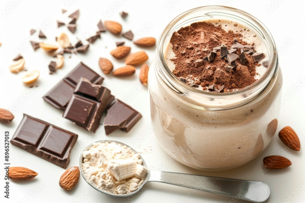 Sport nutrition and bodybuilding supplements displayed with a glass jar of protein milkshake whey protein powder bananas chocolate cubes and almond Sport nutrition and bodybuilding supplements displayed with a glass jar of protein milkshake whey protein powder bananas chocolate cubes and almond