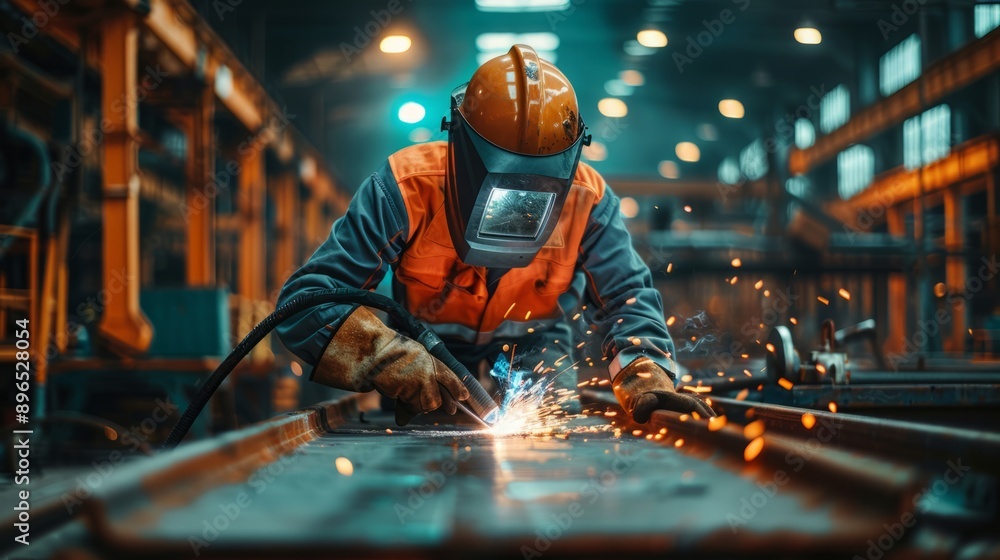 Industrial worker welding with sparks flying Industrial worker welding with sparks flying