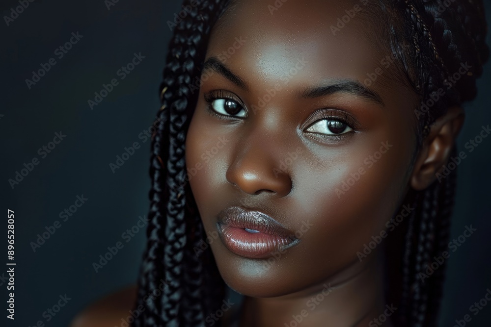 Studio portrait of a pretty African woman with braids Dark background with the girl gazing at the camera Studio portrait of a pretty African woman with braids Dark background with the girl gazing at the camera