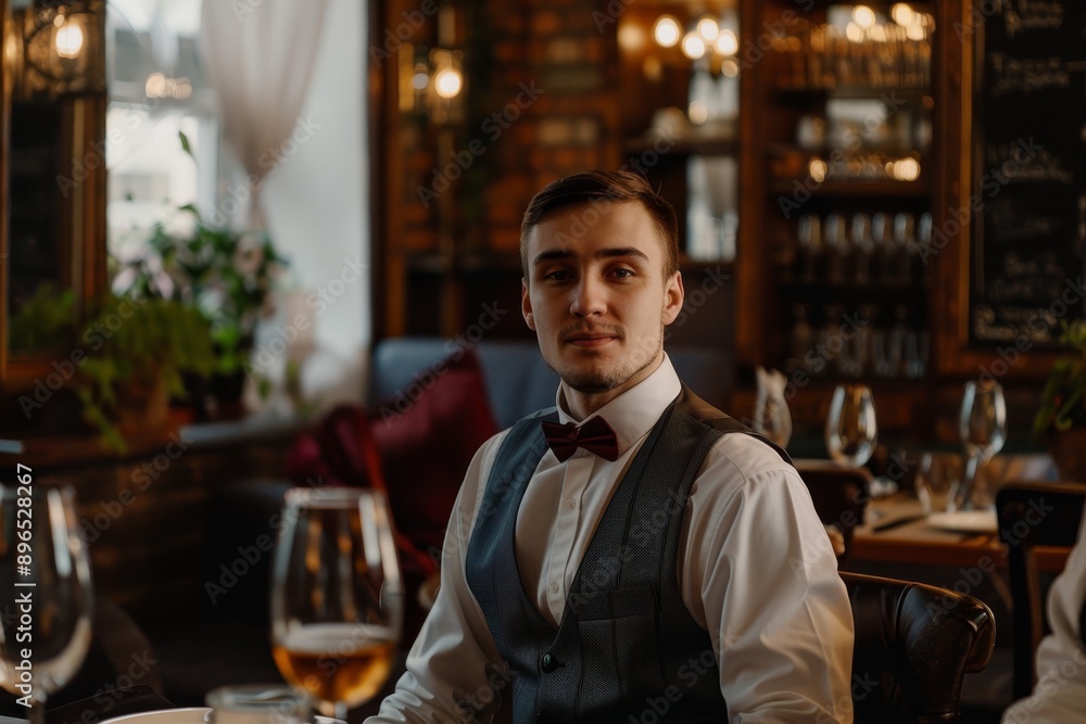 Stylishly dressed young waiter serving a table in a gourmet restaurant Stylishly dressed young waiter serving a table in a gourmet restaurant
