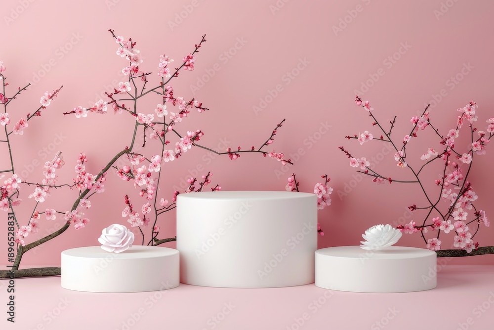 Three white podiums with fresh spring flower decorations on a pastel pink background perfect for presenting cosmetic products Three white podiums with fresh spring flower decorations on a pastel pink background perfect for presenting cosmetic products