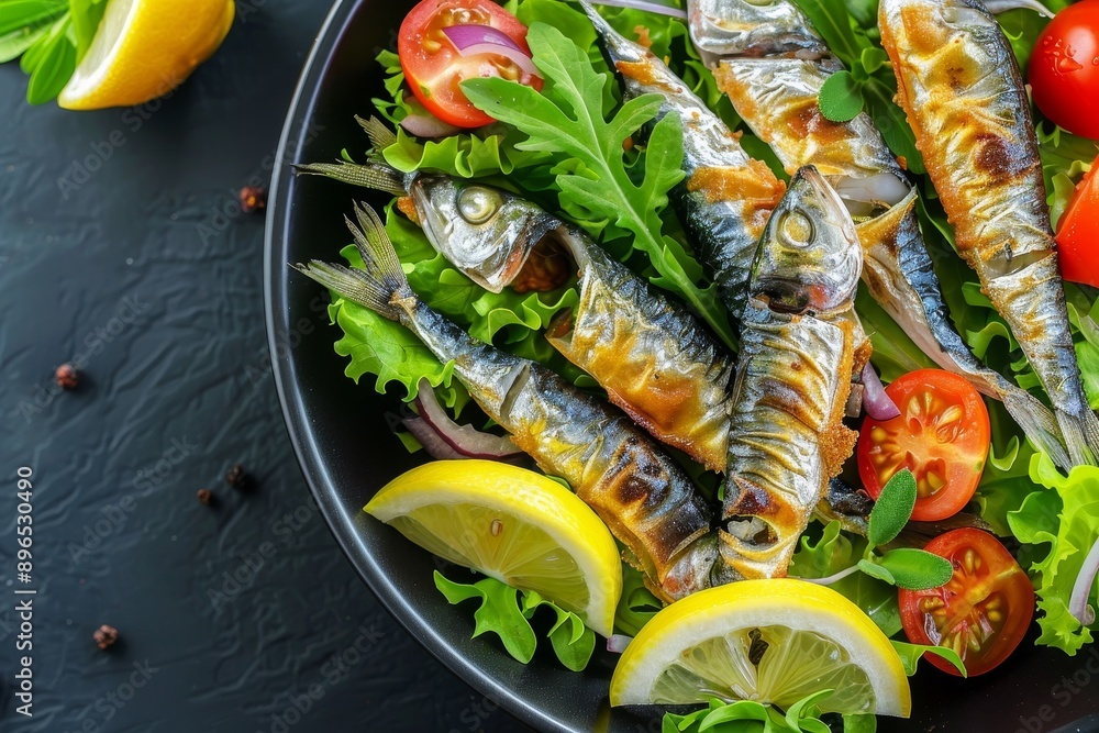 Top view of lemon and salad with fried sardines Top view of lemon and salad with fried sardines