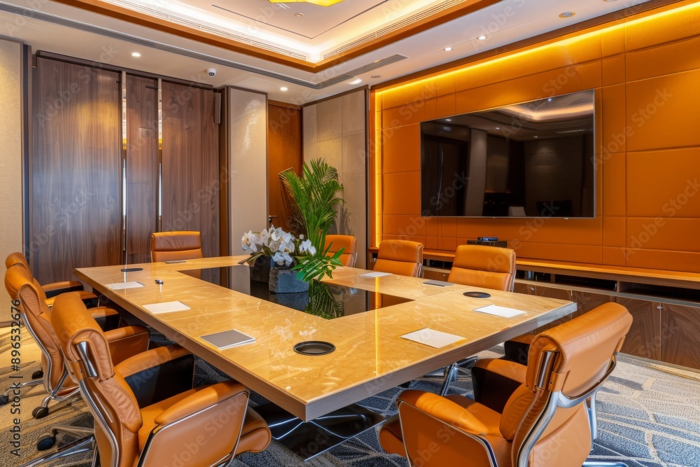 Modern conference room with a large table, high-quality video conferencing setup, and stylish decor perfect for professional meetings and presentations Modern conference room with a large table, high-quality video conferencing setup, and stylish decor perfect for professional meetings and presentations