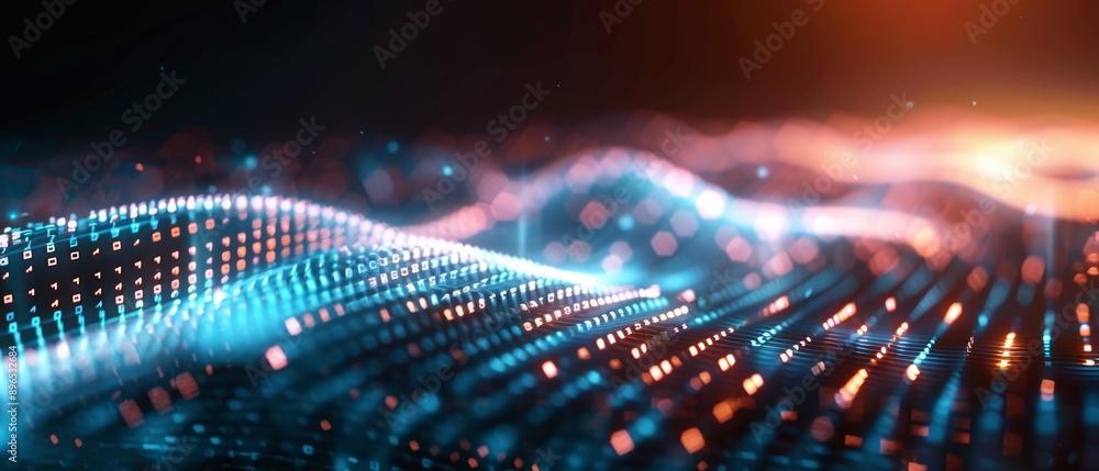 Dynamic digital waves illuminated by colorful lights, creating a mesmerizing backdrop for technology and innovation concepts. Dynamic digital waves illuminated by colorful lights, creating a mesmerizing backdrop for technology and innovation concepts.