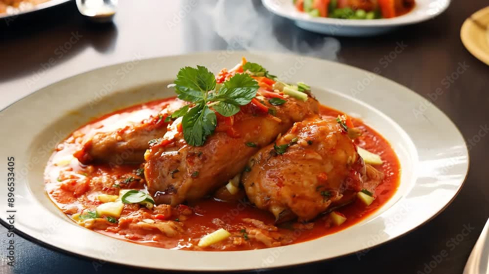 Chicken stew in tomato sauce with herbs with Ai generated.
Chicken stew in tomato sauce with herbs with Ai generated.